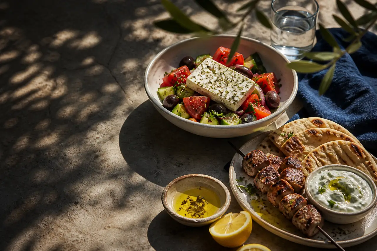 Mediterrane Tischszene mit griechischem Salat, Souvlaki und frischem Brot – illustrative Food-Fotografie